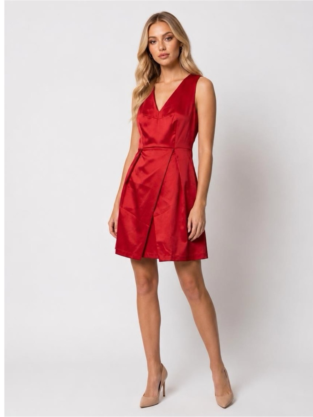 PARIS SUNDAY Red Sateen V Neck Dress Sleeveless Fit Flare Women’s Sz L Cocktail